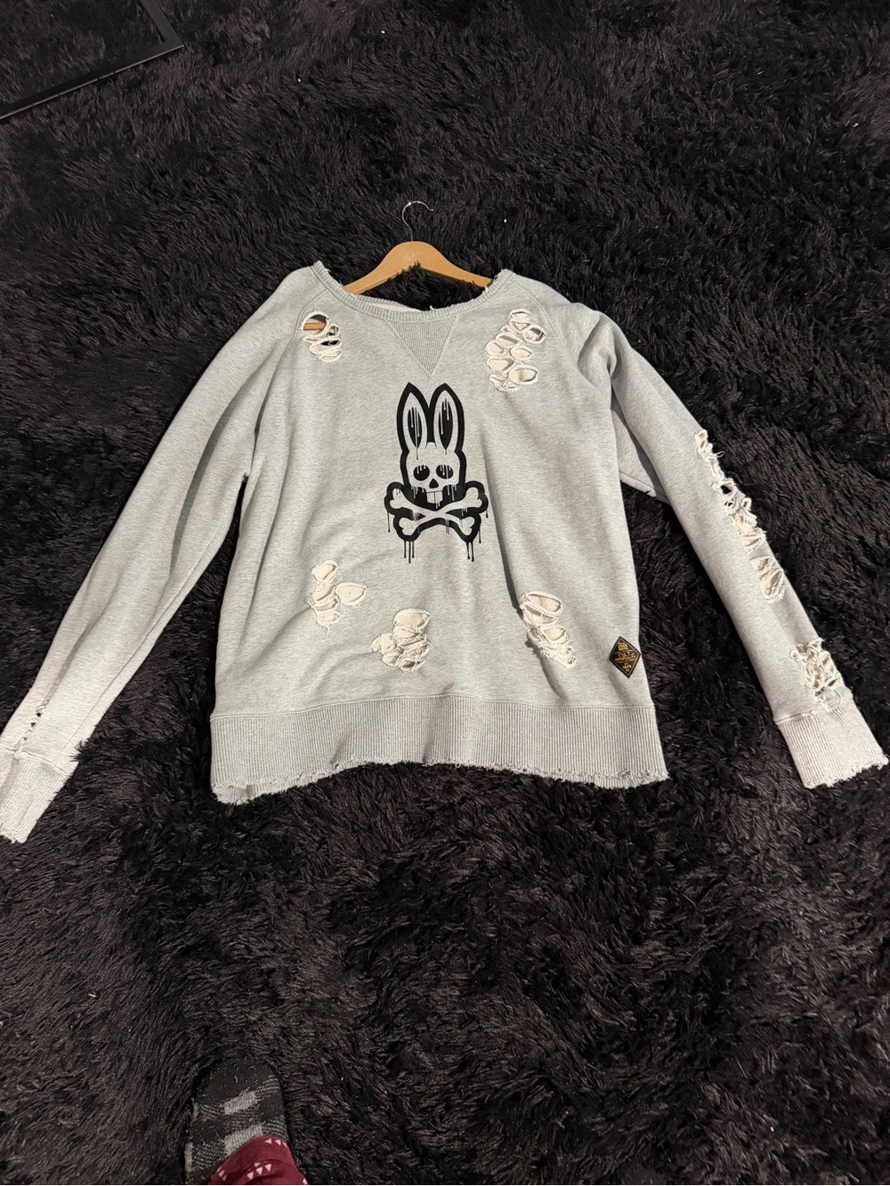 Cult of Individuality Light Gray Distressed Bunny Skull V-Neck Sweater